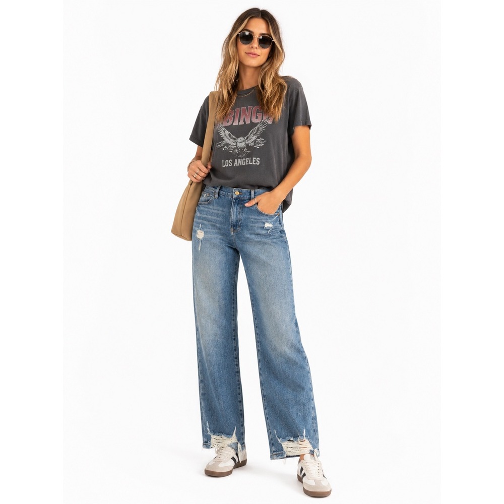 FRAME Le High Straight Distressed Jeans Medium Wash Blue Raw Hem Size 27